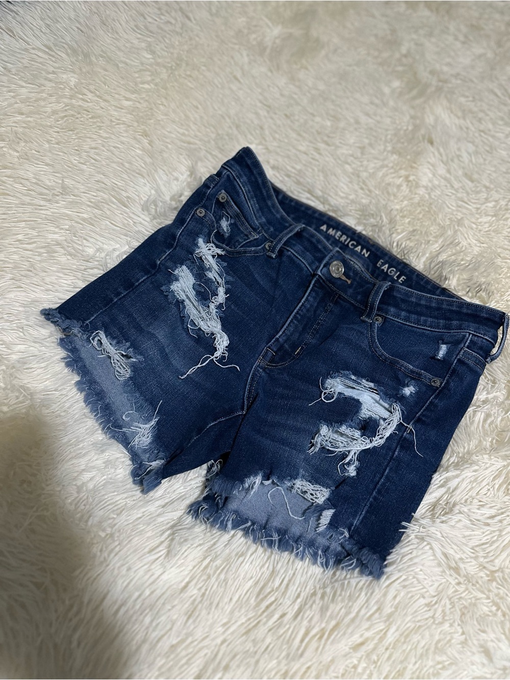 American Eagle Navy Blue Distressed Midi Denim Shorts